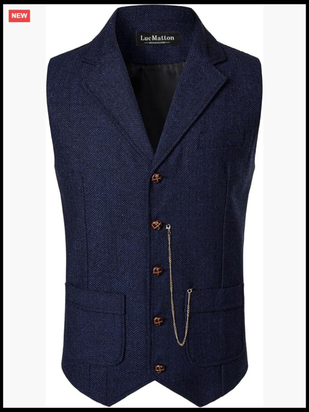 Men's Slim Fit Herringbone Tweed Suit Vest with Chain
